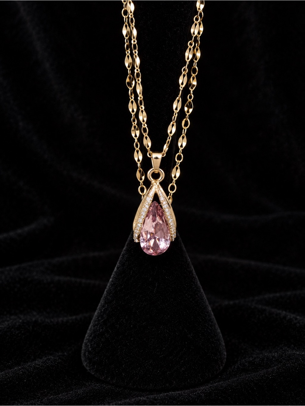 Gold Teardrop Pendant Necklace with Pink Crystal